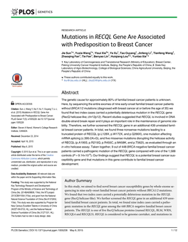 Mutations in RECQL Gene Are Associated with Predisposition to Breast Cancer
