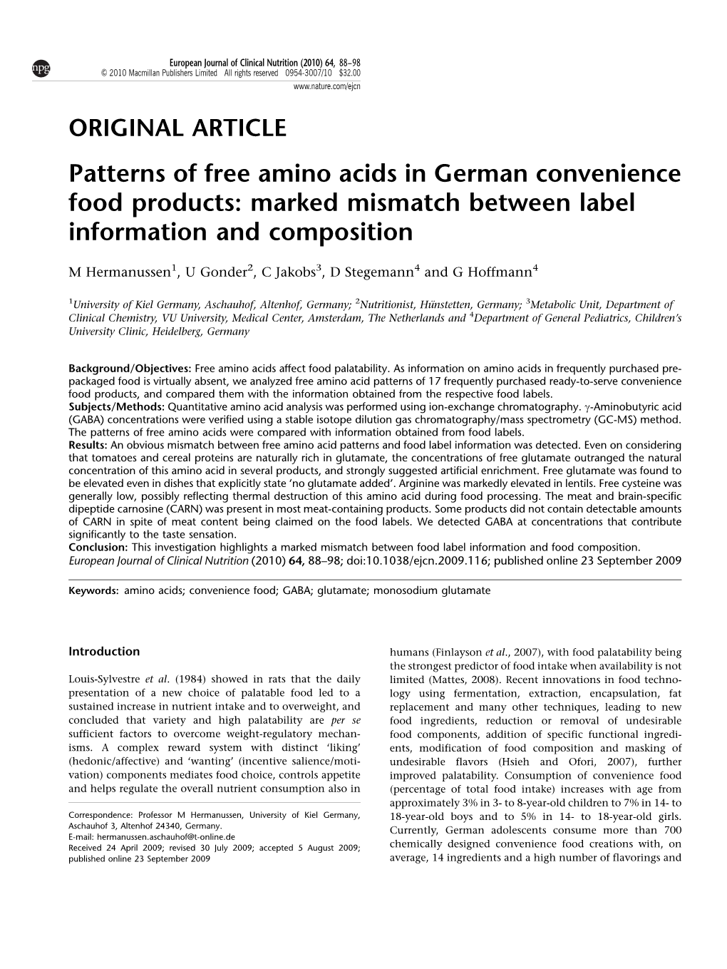 Patterns of Free Amino Acids in German Convenience Food Products: Marked Mismatch Between Label Information and Composition