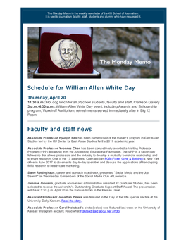 Schedule for William Allen White Day Faculty and Staff