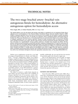 The Two-Stage Brachial Artery–Brachial Vein Autogenous Fistula for Hemodialysis