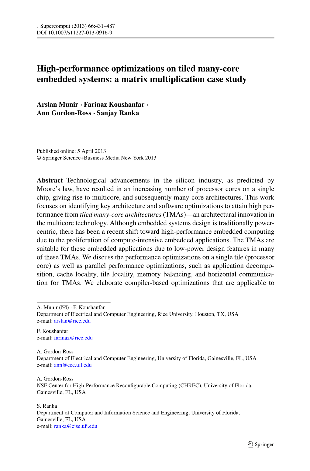 High-Performance Optimizations on Tiled Many-Core Embedded Systems: a Matrix Multiplication Case Study