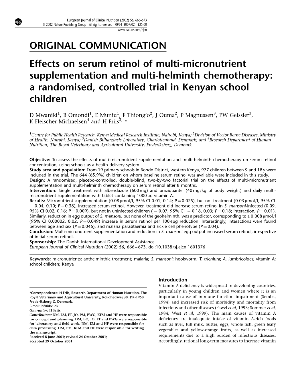 Effects on Serum Retinol of Multi-Micronutrient Supplementation and Multi-Helminth Chemotherapy: a Randomised, Controlled Trial in Kenyan School Children