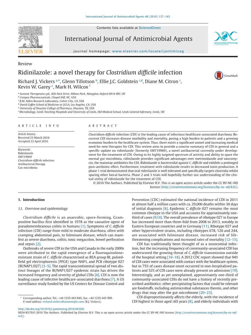 Ridinilazole: a Novel Therapy for Clostridium Diﬃcile Infection Richard J