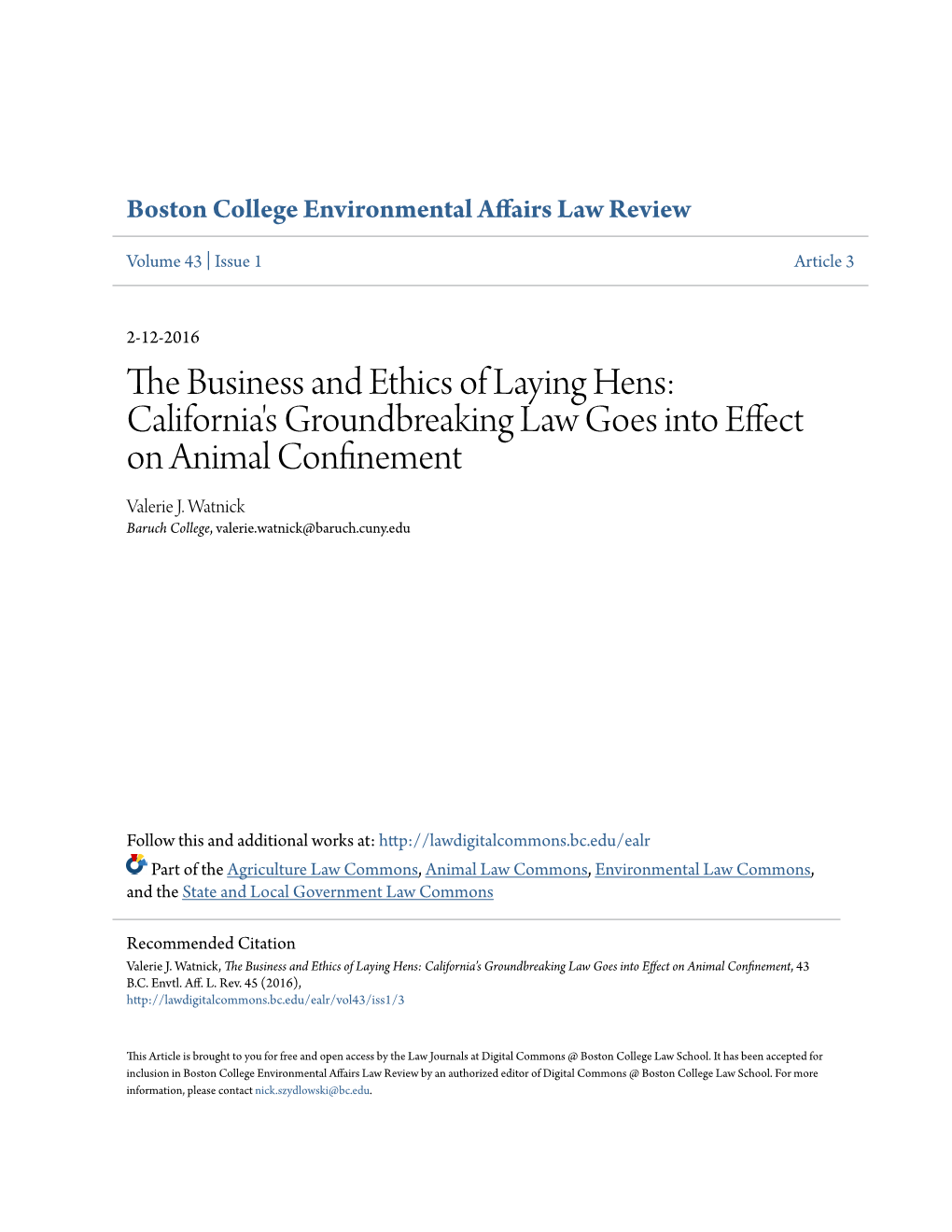 The Business and Ethics of Laying Hens: California's Groundbreaking Law Goes Into Effect on Animal Confinement, 43 B.C