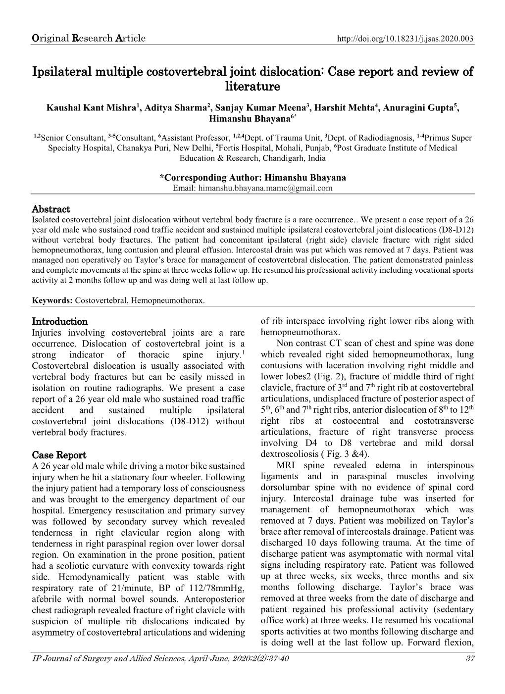 Ipsilateral Multiple Costovertebral Joint Dislocation: Case Report and Review of Literature