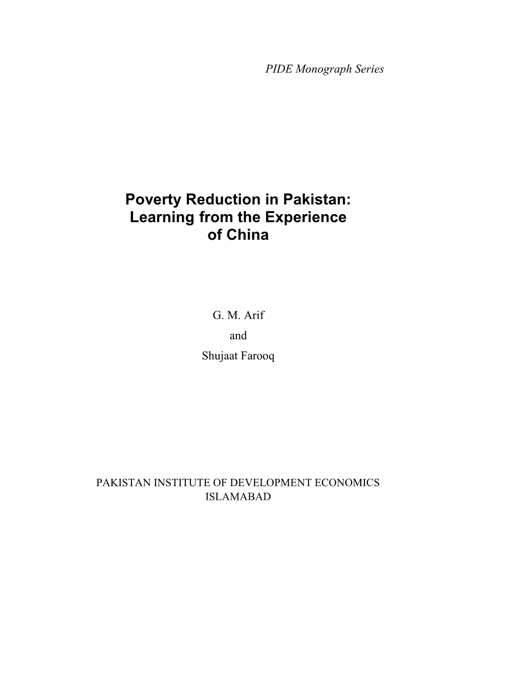 Poverty Reduction in Pakistan: Learning from the Experience of China