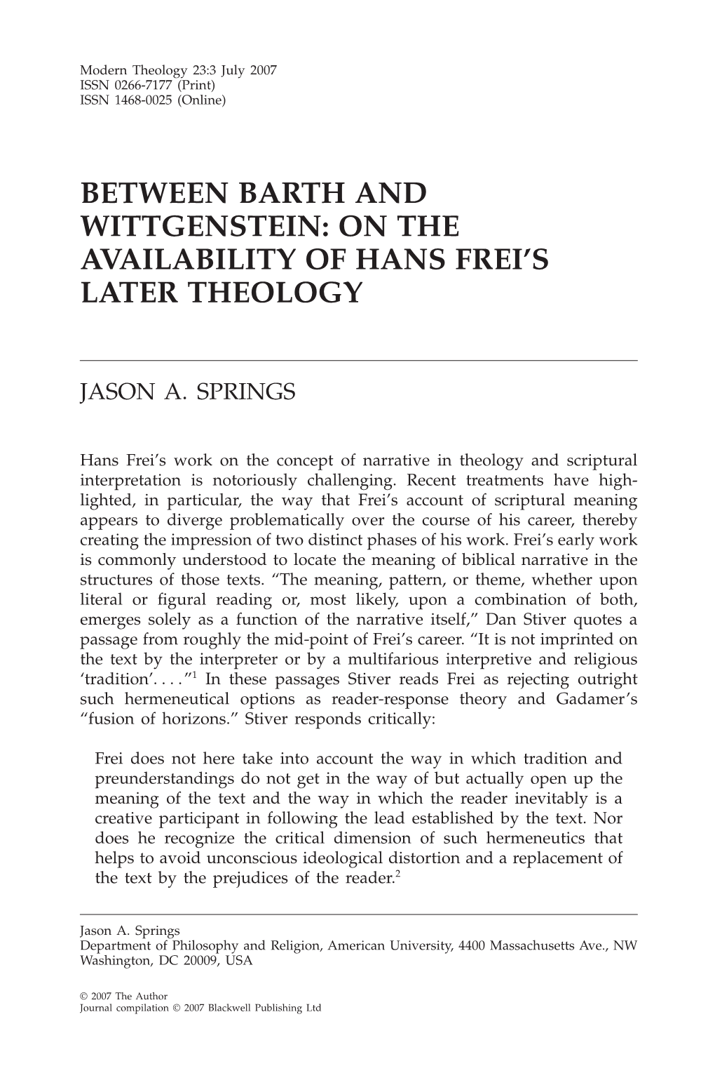 Between Barth and Wittgenstein: on the Availability of Hans Frei’S Later Theology