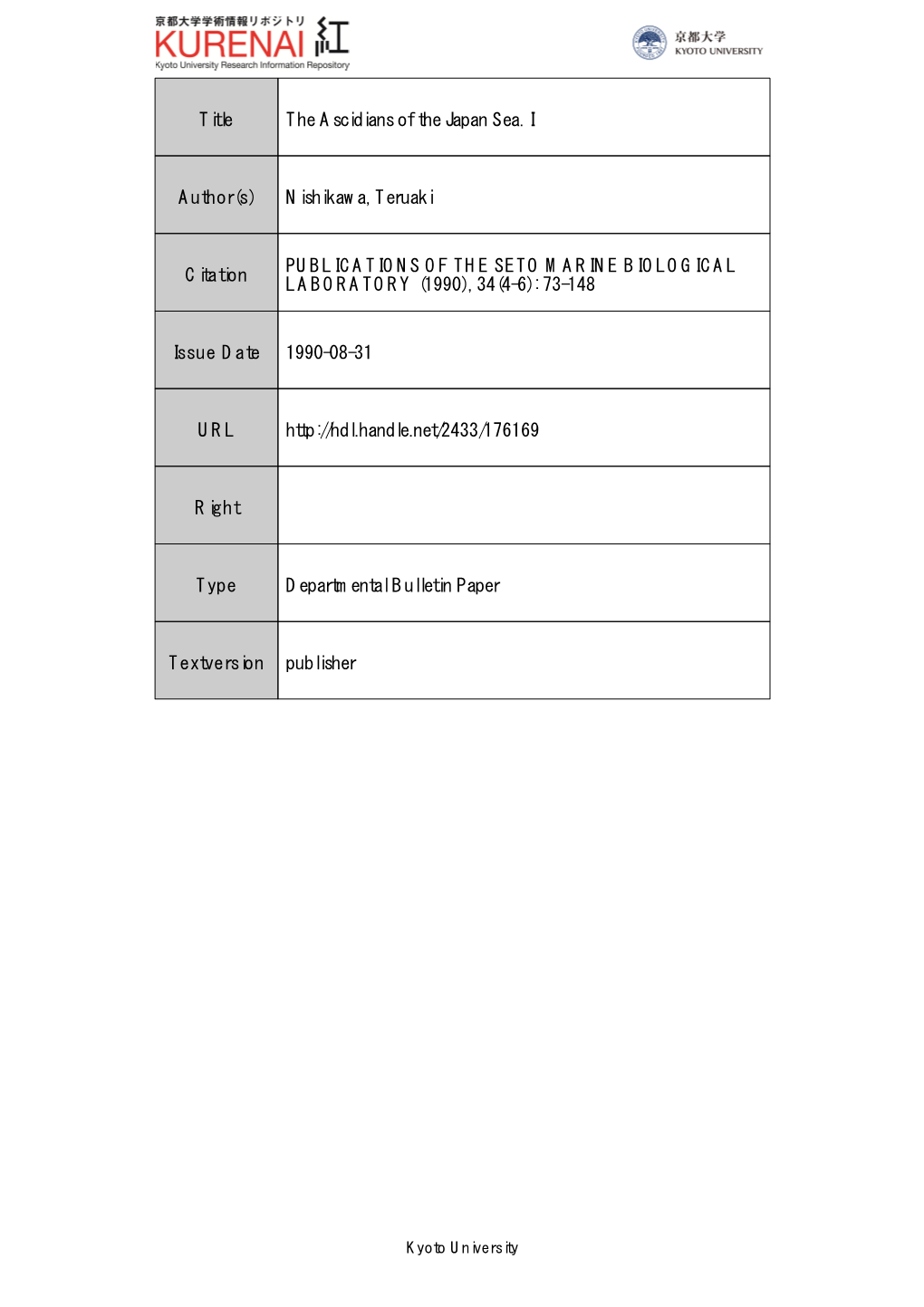 Title the Ascidians of the Japan Sea. I Author(S) Nishikawa, Teruaki
