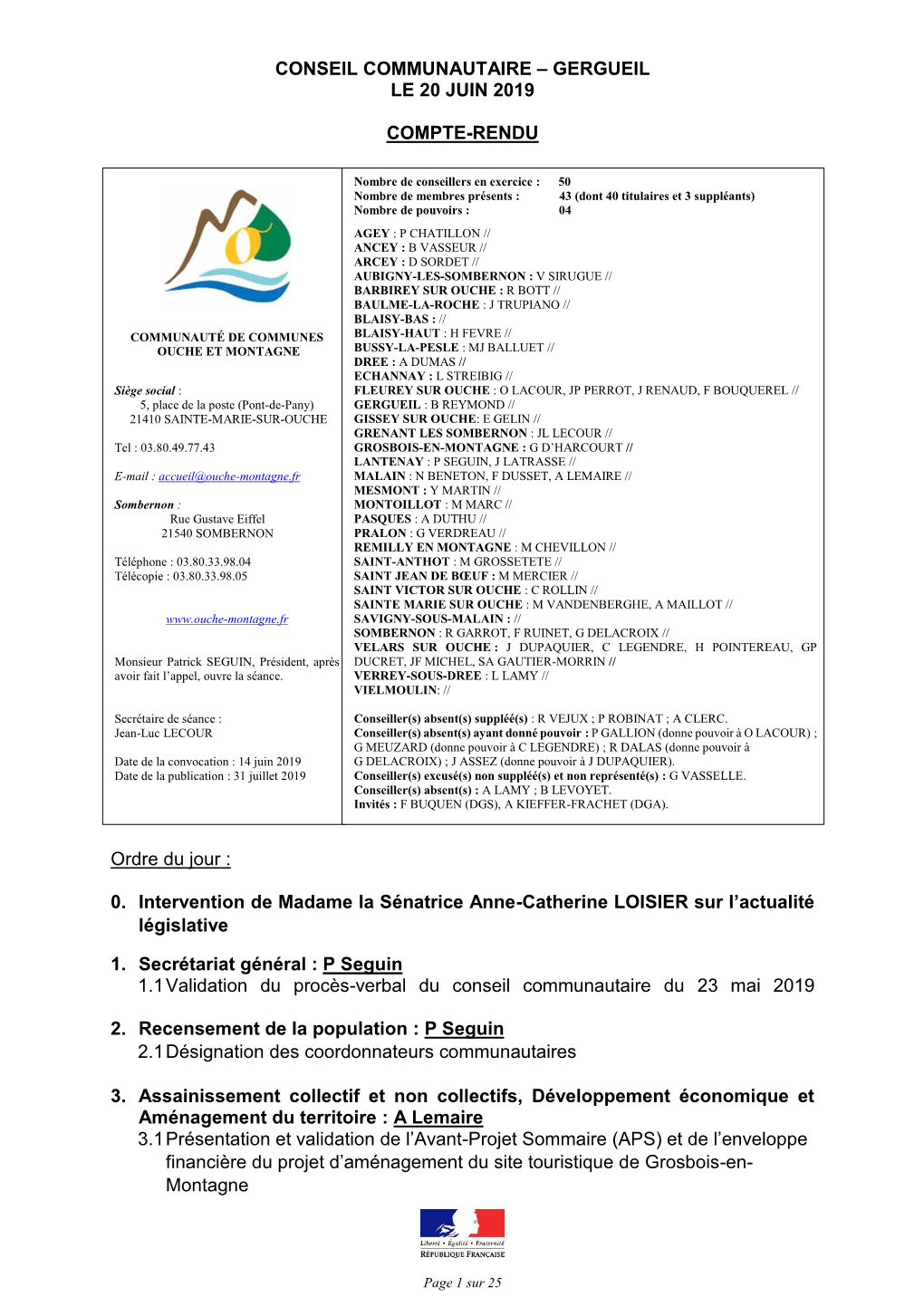 Conseil Communautaire – Gergueil Le 20 Juin 2019 Compte-Rendu