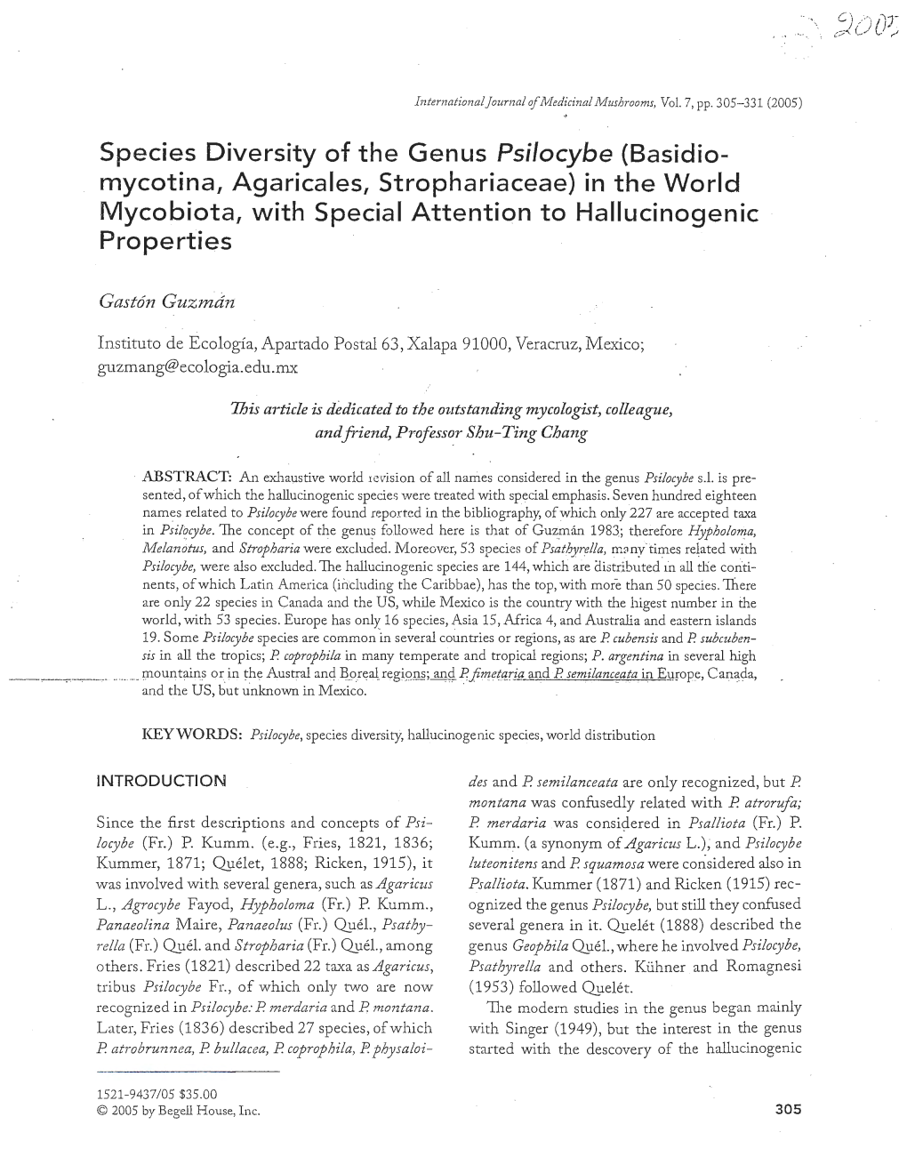 Species Diversity of the Genus Psilocybe (Basidio- Mycotina, Agaricales, Strophariaceae) in the World Mycobiota, with Special At