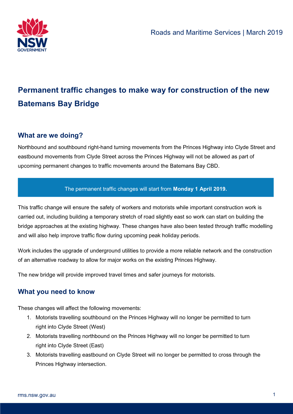 Permanent Traffic Changes to Make Way for Construction of the New Batemans Bay Bridge