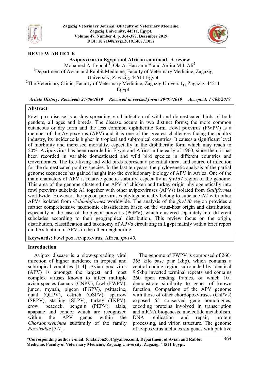 364 REVIEW ARTICLE Avipoxvirus in Egypt and African Continent