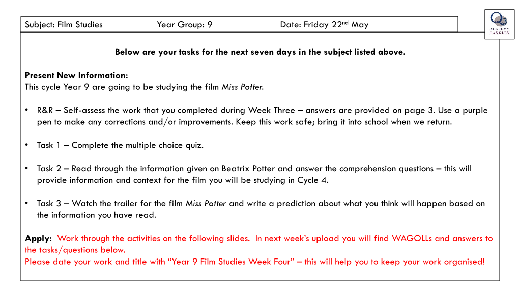 Subject: Film Studies Year Group: 9 Date: Friday 22Nd May