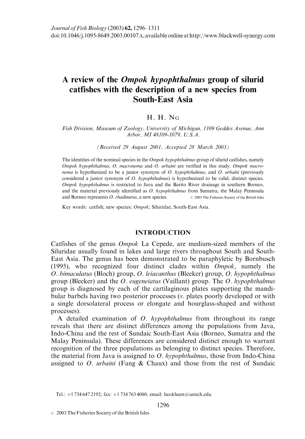 A Review of the Ompok Hypophthalmus Group of Silurid Catfishes with the Description of a New Species from South-East Asia