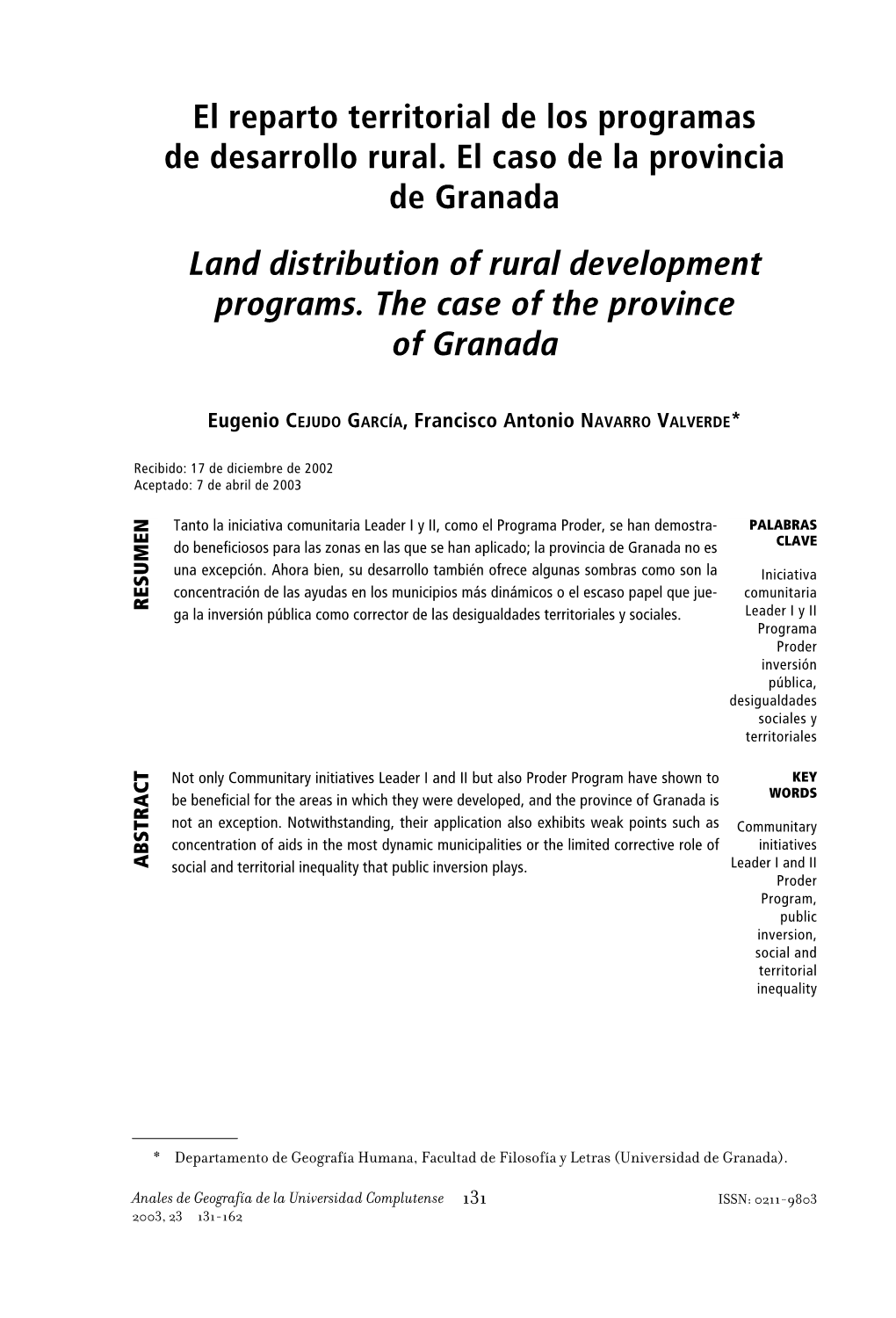El Reparto Territorial De Los Programas De Desarrollo Rural. El Caso De La Provincia De Granada Land Distribution of Rural Development Programs