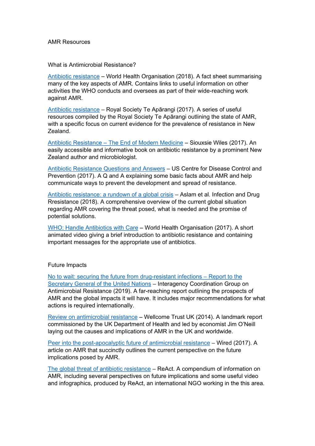 AMR Resources What Is Antimicrobial Resistance? Antibiotic Resistance – World Health Organisation (2018). a Fact Sheet Summari