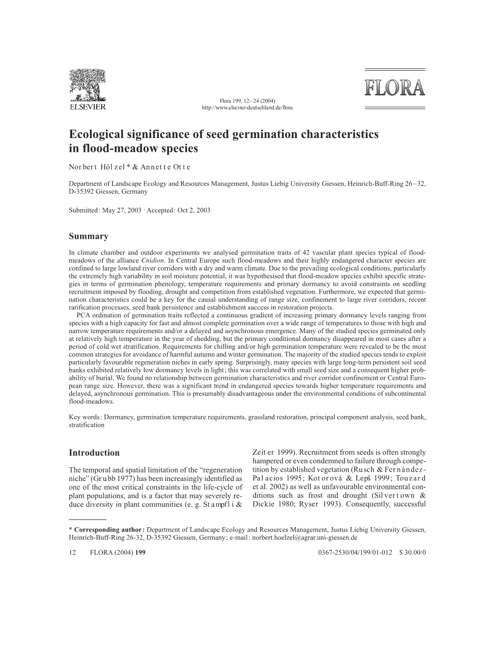 Ecological Significance of Seed Germination Characteristics in Flood-Meadow Species