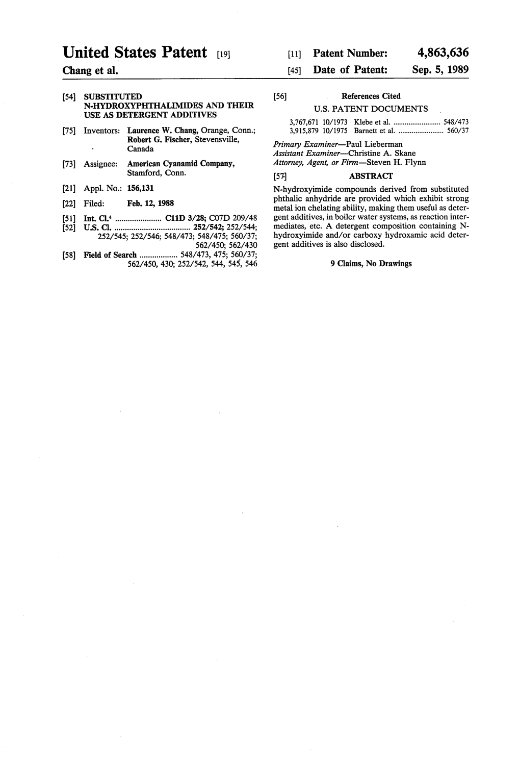 United States Patent [191 [11] Patent Number: 4,863,636 Chang Et 21