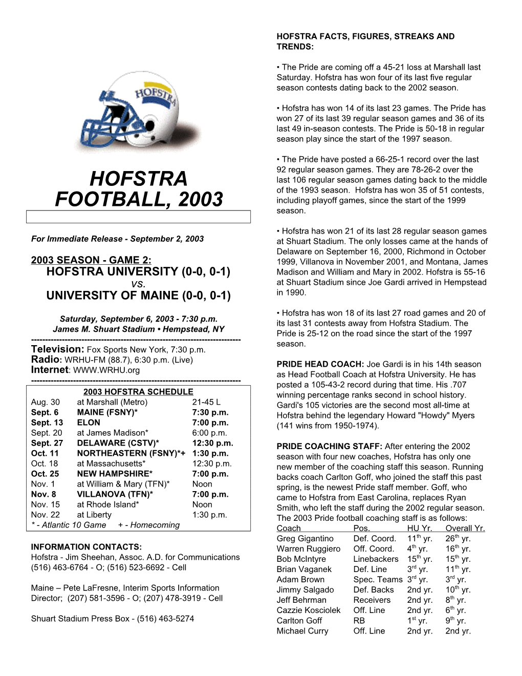 Hofstra Football, 2003