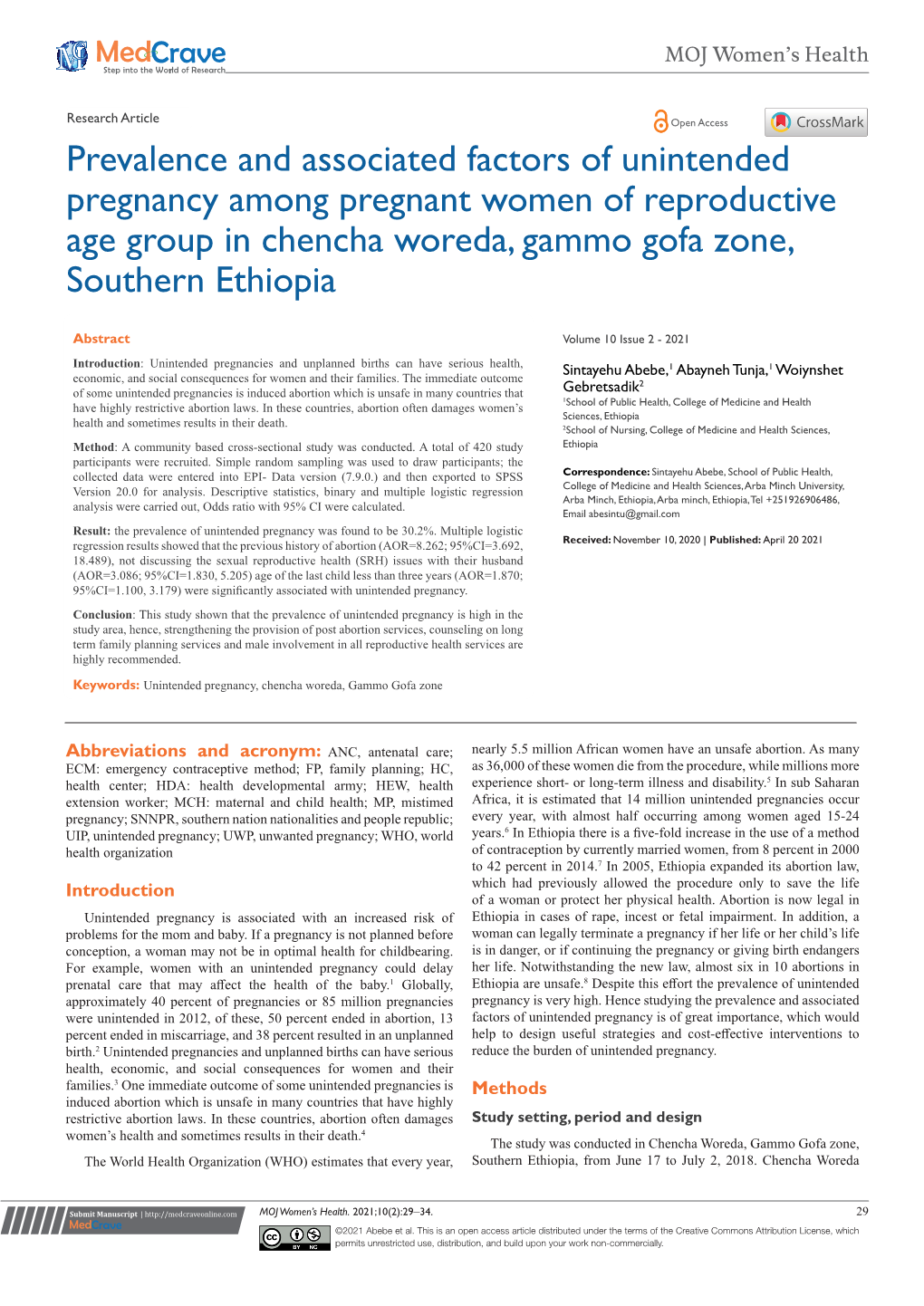 Prevalence and Associated Factors of Unintended Pregnancy Among Pregnant Women of Reproductive Age Group in Chencha Woreda, Gammo Gofa Zone, Southern Ethiopia