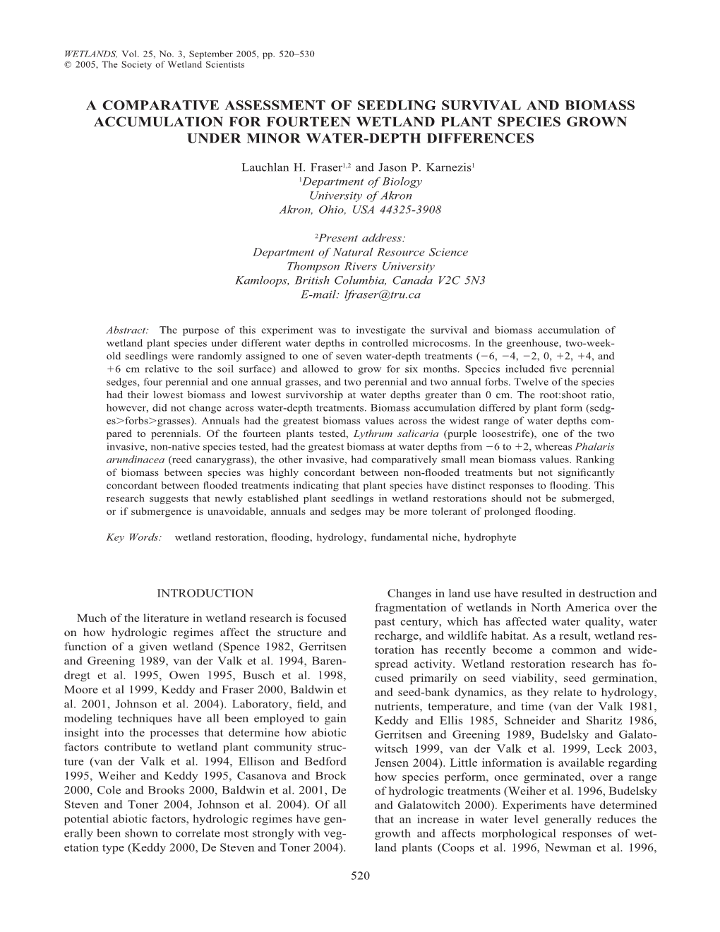 A Comparative Assessment of Seedling Survival and Biomass Accumulation for Fourteen Wetland Plant Species Grown Under Minor Water-Depth Differences