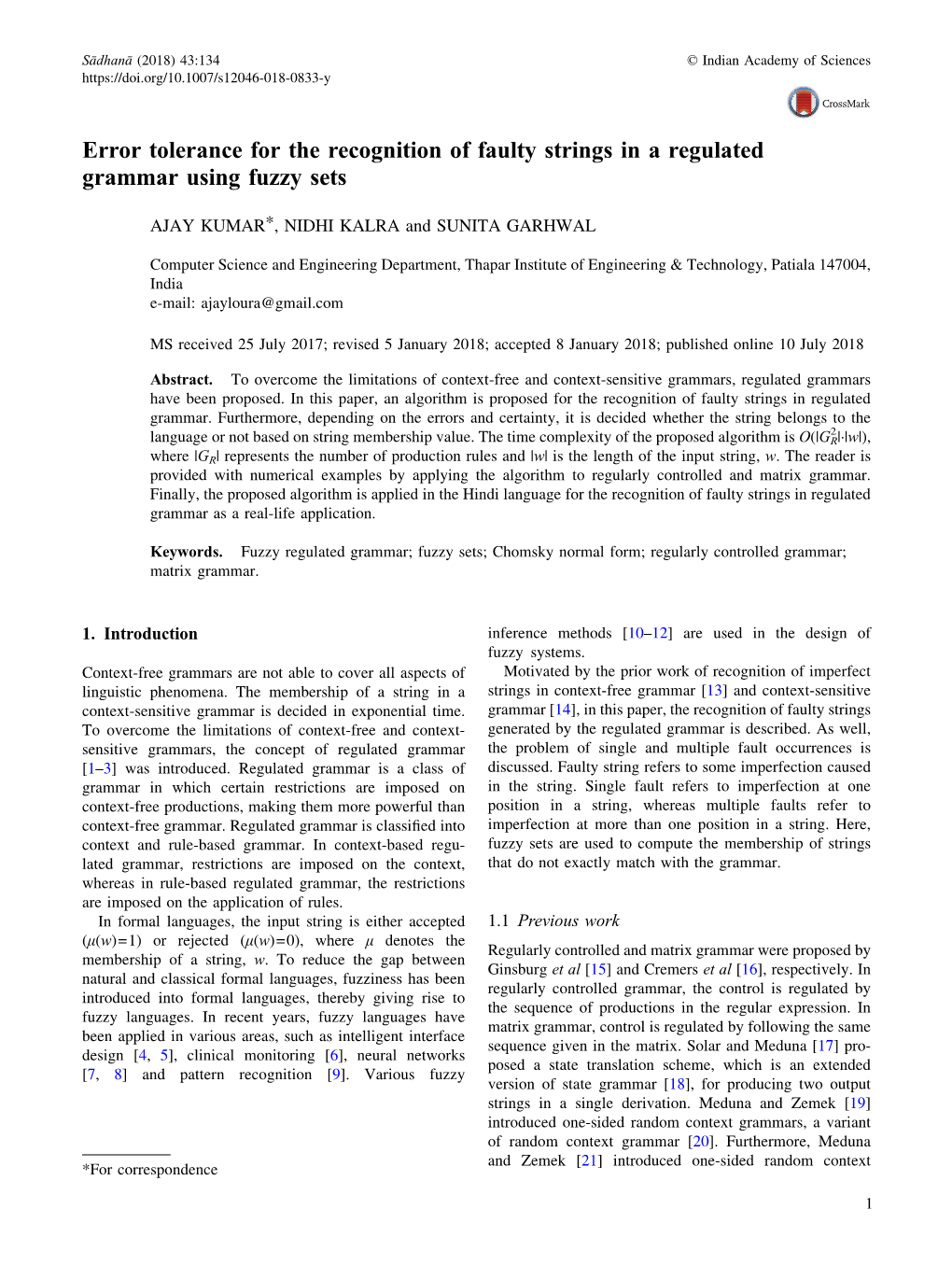 Error Tolerance for the Recognition of Faulty Strings in a Regulated Grammar Using Fuzzy Sets