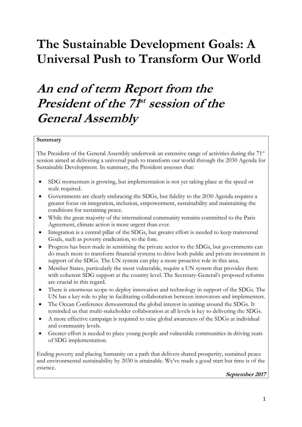 An End of Term Report from the President of the 71St Session of the General Assembly