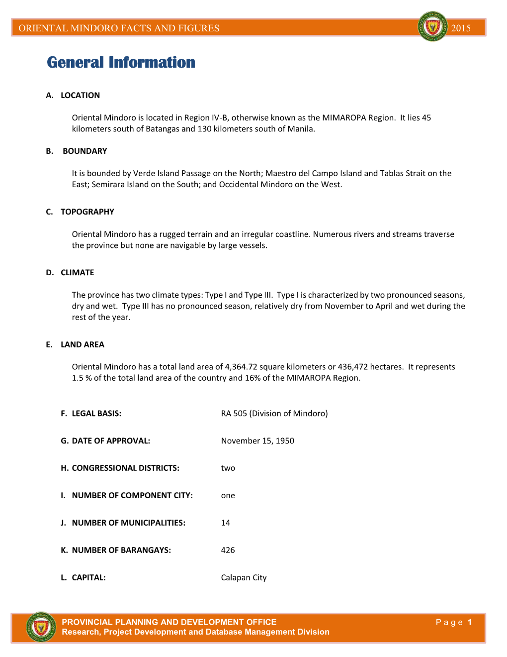 Oriental Mindoro Facts and Figures 2015 2015