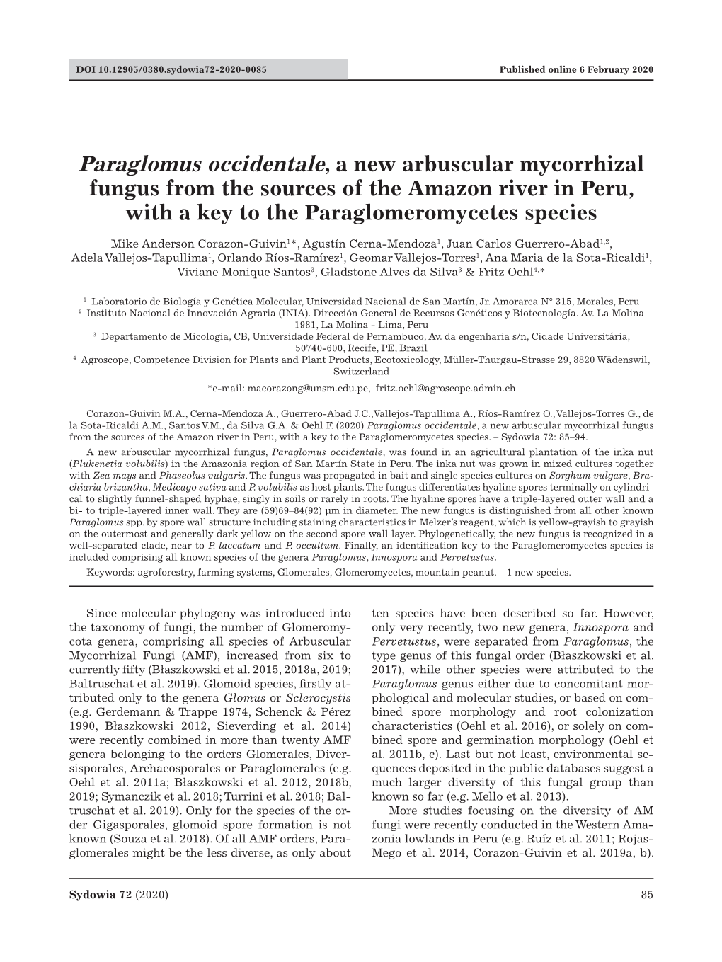 Paraglomus Occidentale, a New Arbuscular Mycorrhizal Fungus from the Sources of the Amazon River in Peru, with a Key to the Paraglomeromycetes Species