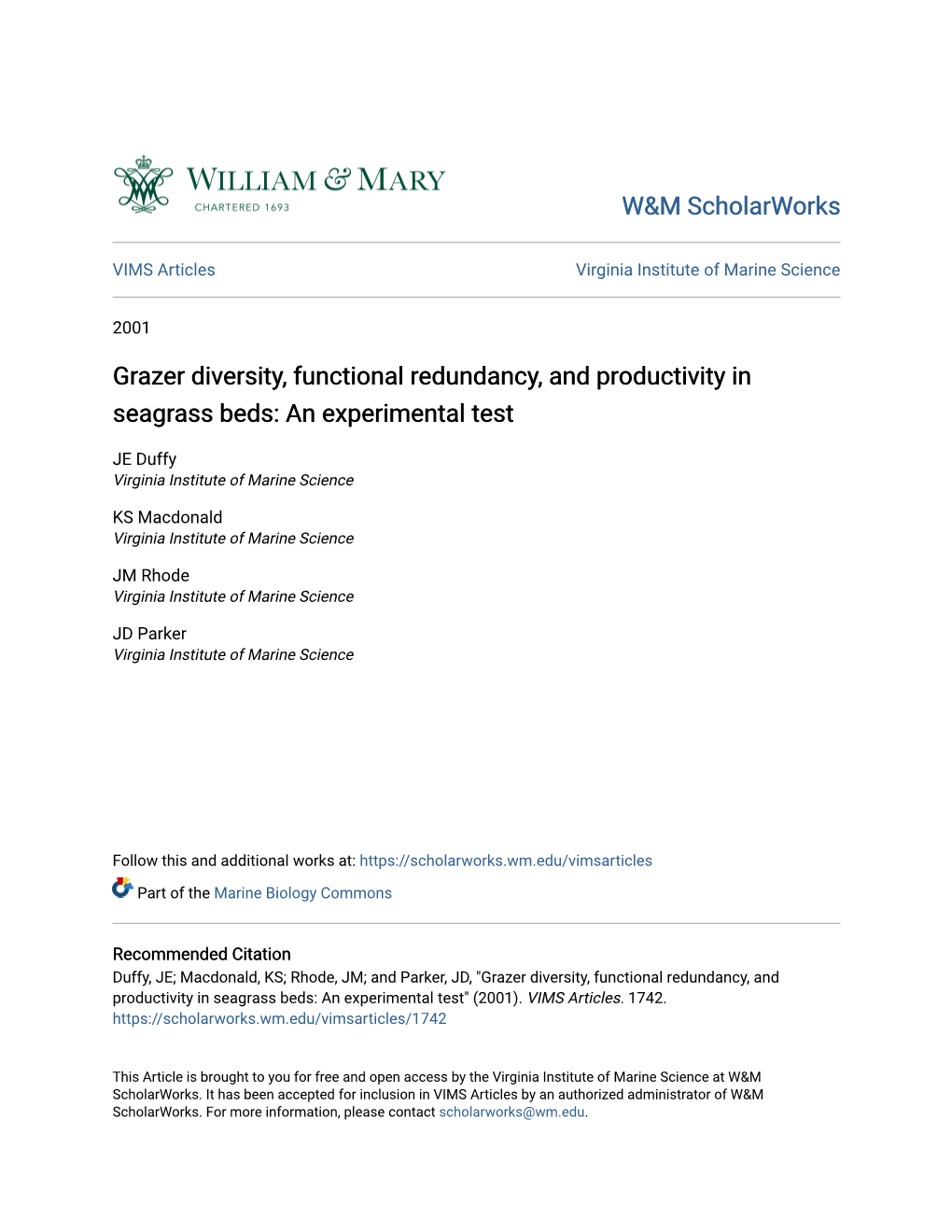 Grazer Diversity, Functional Redundancy, and Productivity in Seagrass Beds: an Experimental Test