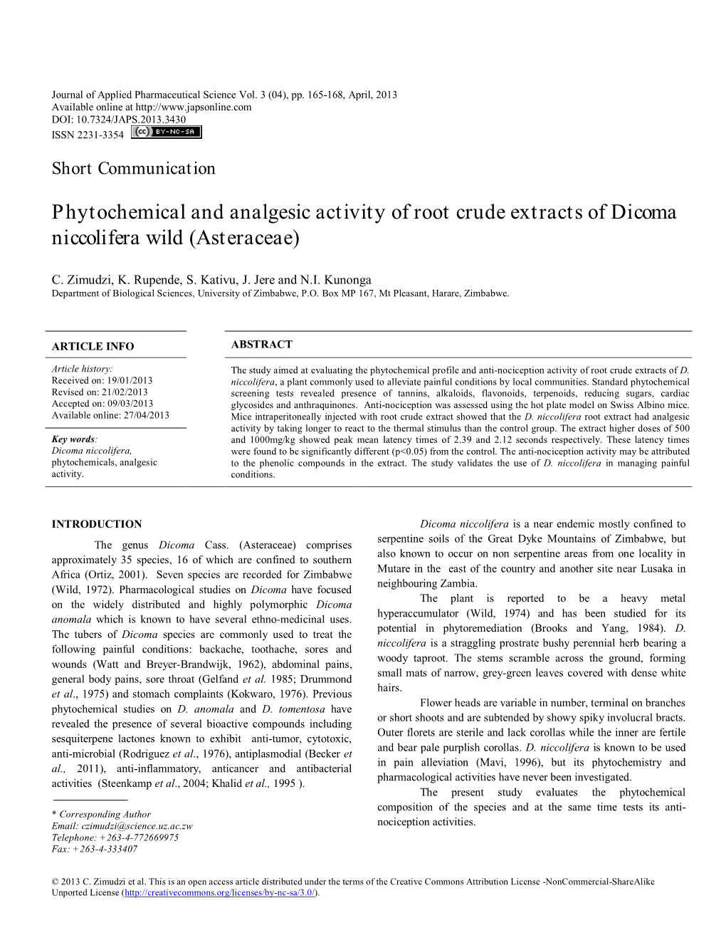 Phytochemical and Analgesic Activity of Root Crude Extracts of Dicoma Niccolifera Wild (Asteraceae)