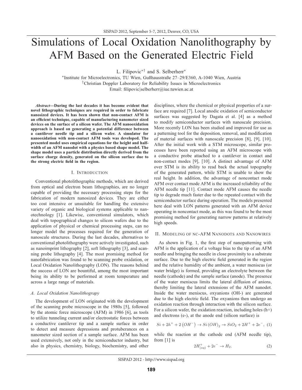 Simulations of Local Oxidation Nanolithography by AFM Based on the Generated Electric Field