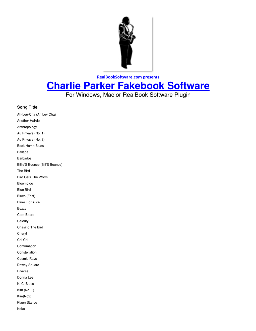 Charlie Parker Fakebook Software for Windows, Mac Or Realbook Software Plugin