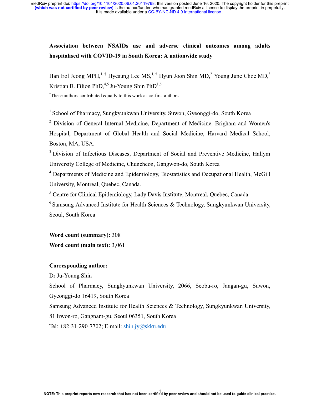 Association Between Nsaids Use and Adverse Clinical Outcomes Among Adults Hospitalised with COVID-19 in South Korea: a Nationwide Study