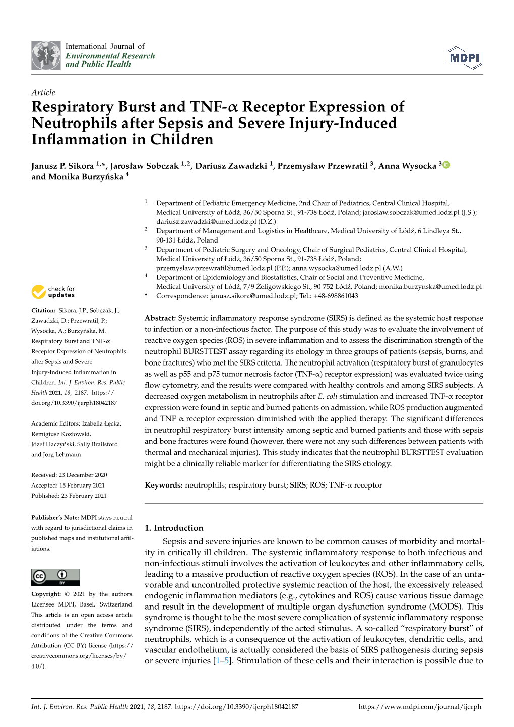 Respiratory Burst and TNF-Α Receptor Expression of Neutrophils After Sepsis and Severe Injury-Induced Inﬂammation in Children