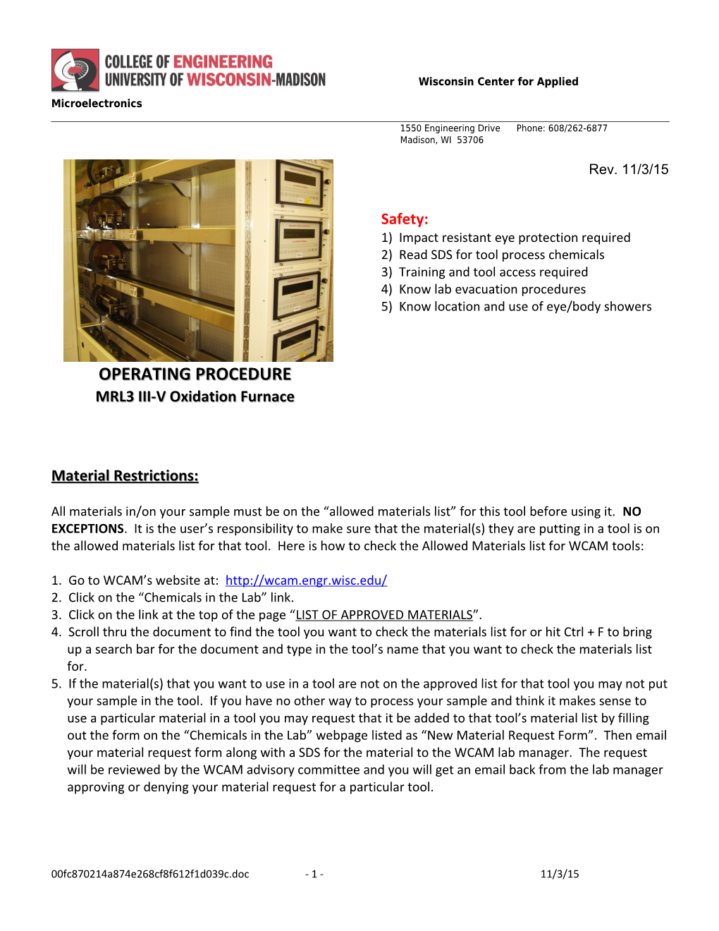 MRL3 Wet Dry III V Oxidation Procedure - 1 - 11/3/15