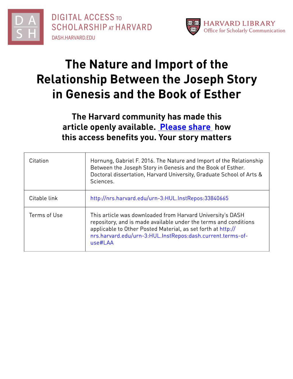 The Nature and Import of the Relationship Between the Joseph Story in Genesis and the Book of Esther