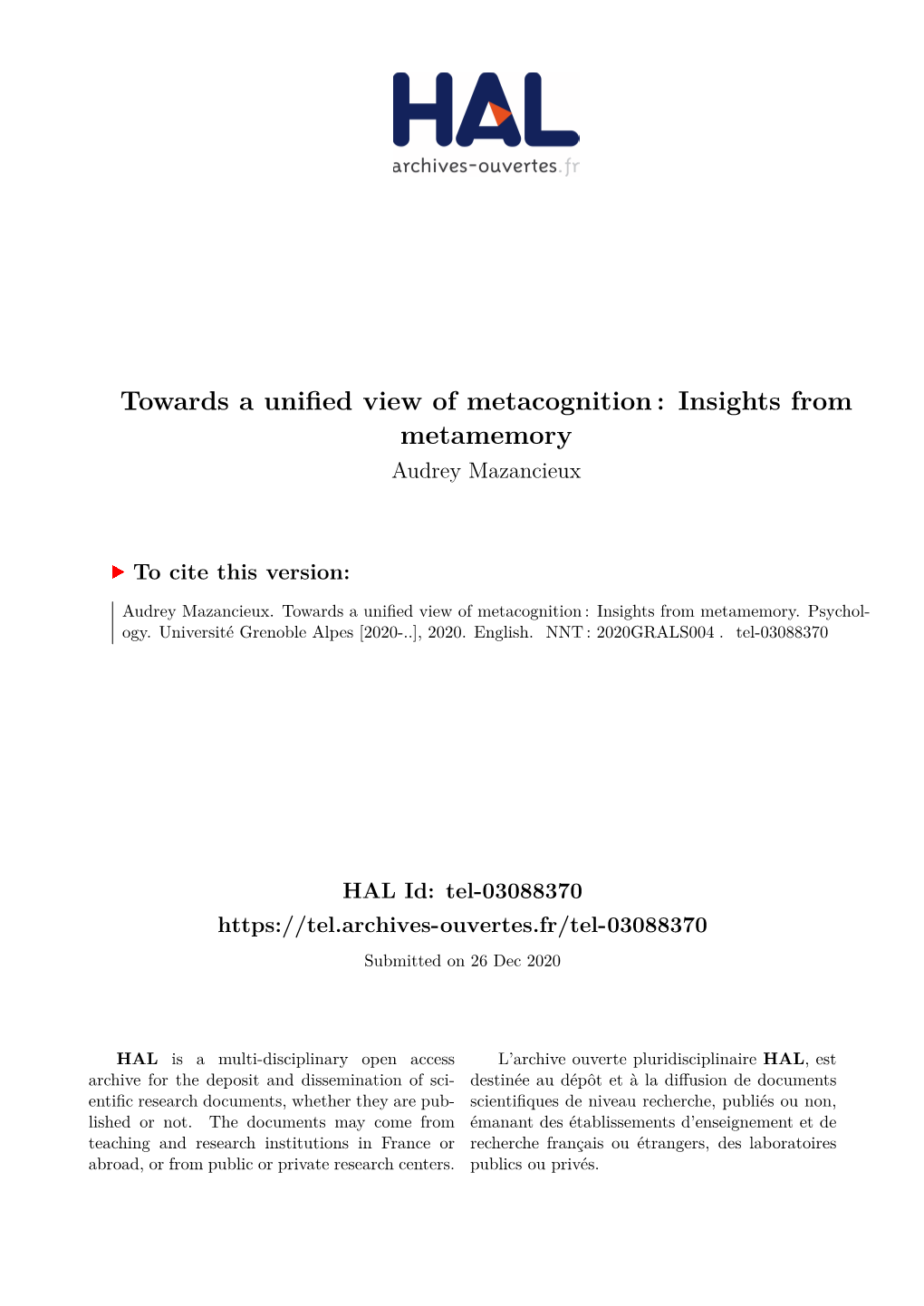 Towards a Unified View of Metacognition : Insights from Metamemory Audrey Mazancieux