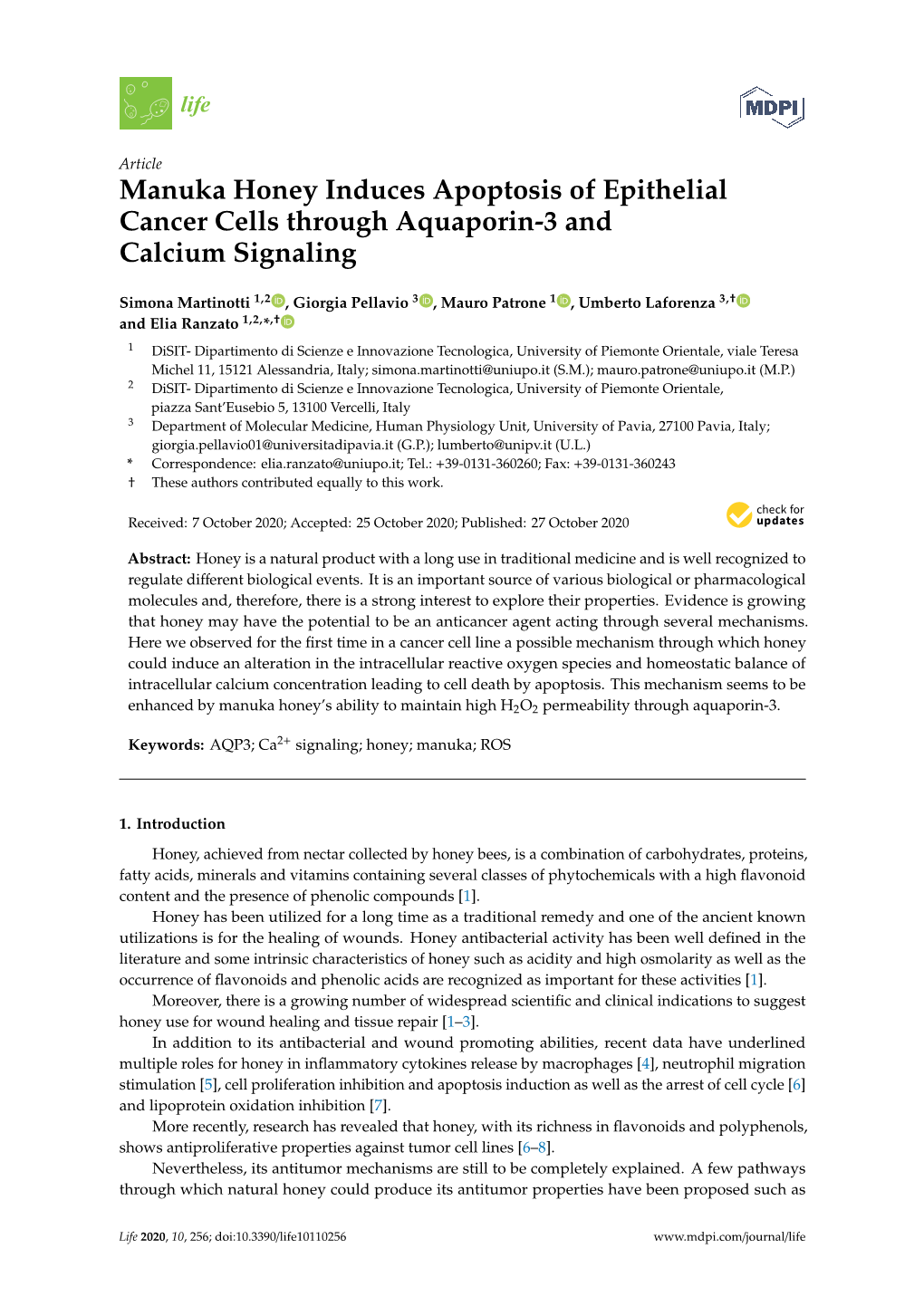 Manuka Honey Induces Apoptosis of Epithelial Cancer Cells Through Aquaporin-3 and Calcium Signaling