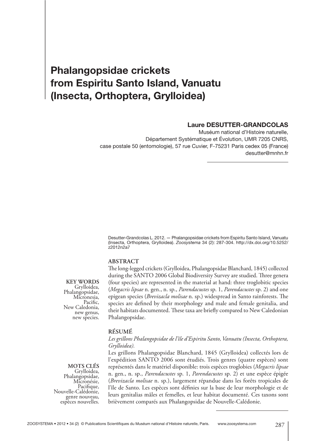 Phalangopsidae Crickets from Espiritu Santo Island, Vanuatu (Insecta, Orthoptera, Grylloidea)