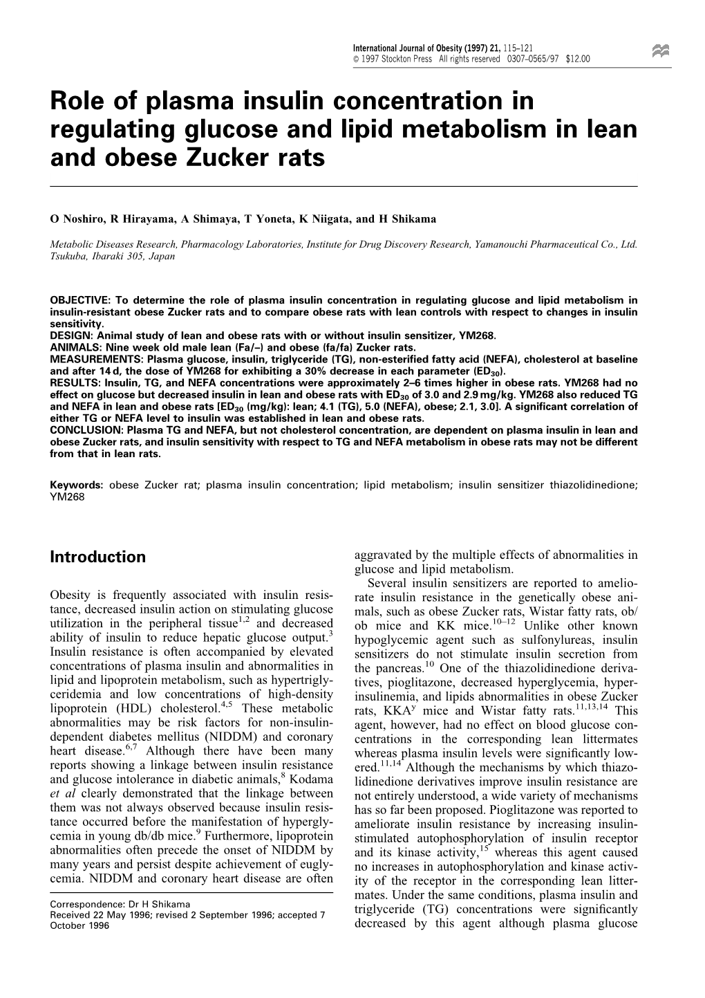 Role of Plasma Insulin Concentration in Regulating Glucose and Lipid Metabolism in Lean and Obese Zucker Rats