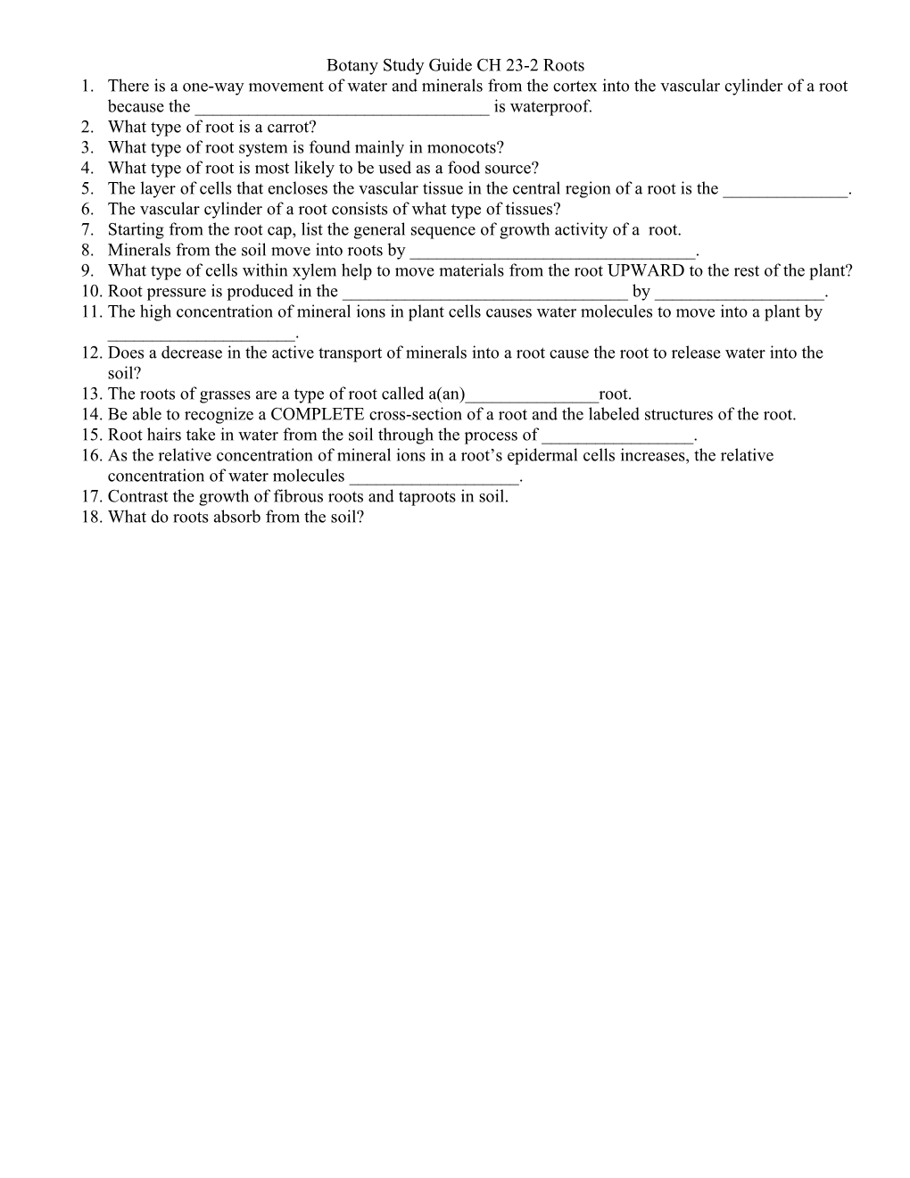 Botany Study Guide CH 23-2 Roots