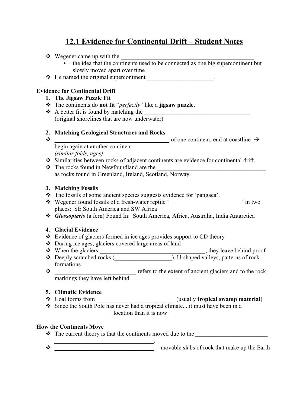 12.1 Evidence for Continental Drift Student Notes