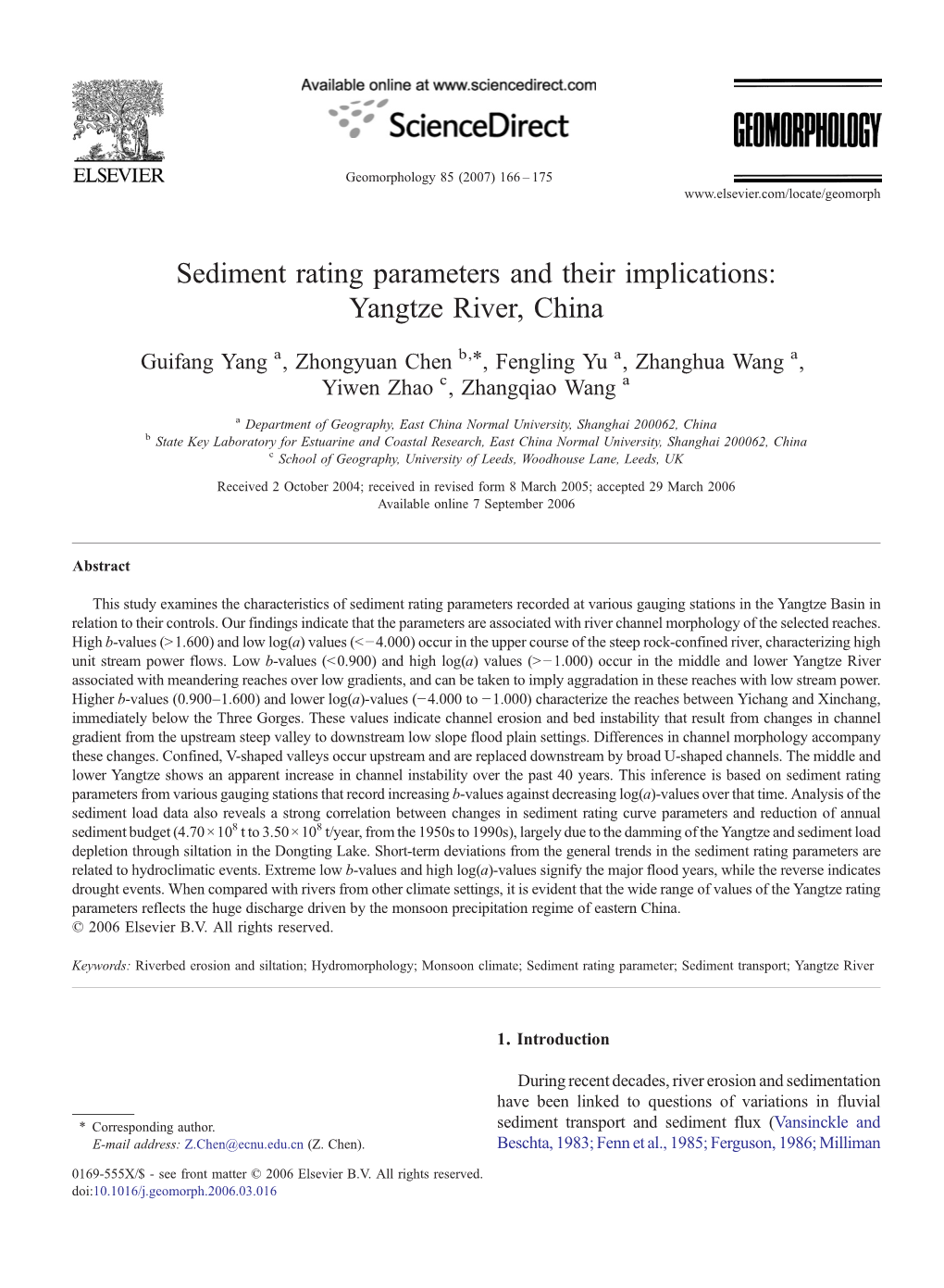 Sediment Rating Parameters and Their Implications: Yangtze River, China