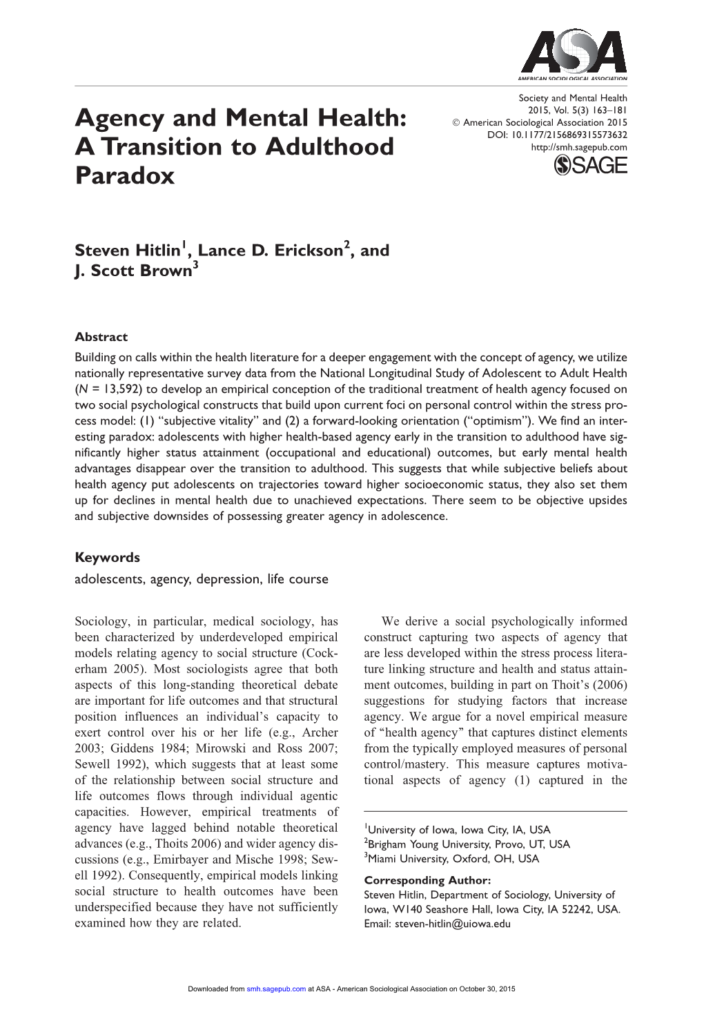 Agency and Mental Health: a Transition to Adulthood Paradox