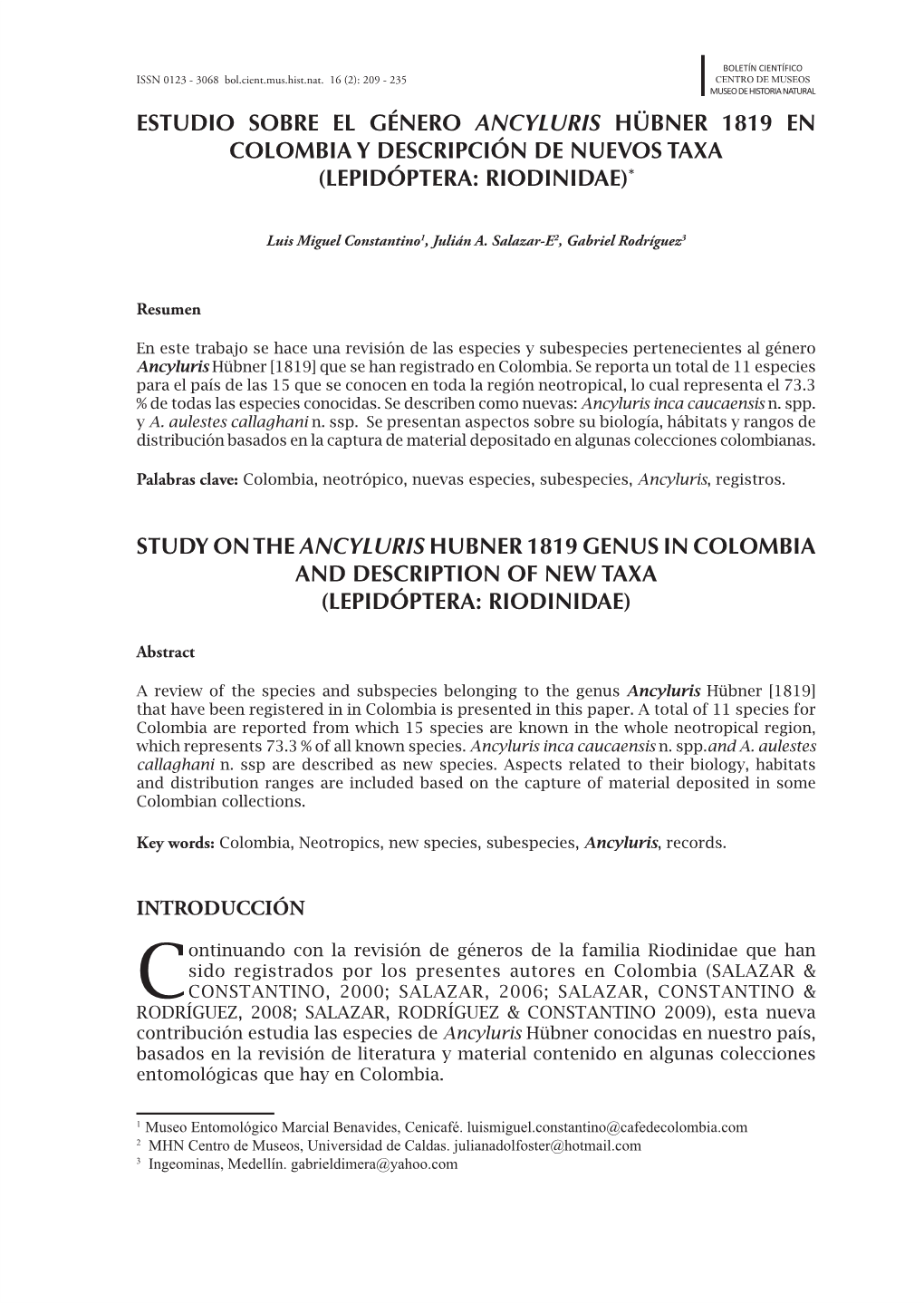 Estudio Sobre El Género Ancyluris Hübner 1819 En Colombia Y Descripción De Nuevos Taxa (Lepidóptera: Riodinidae)*