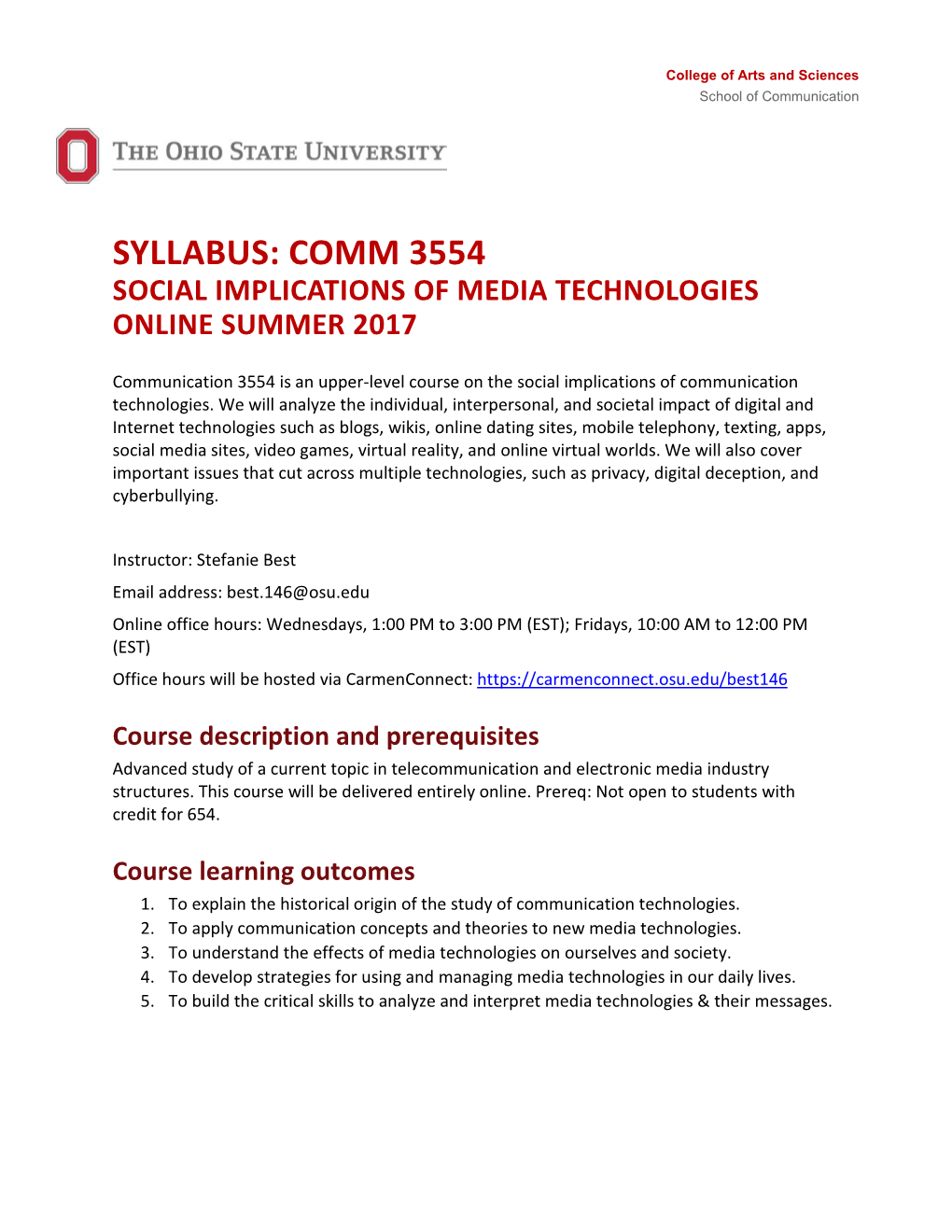 Comm 3554 Social Implications of Media Technologies Online Summer 2017