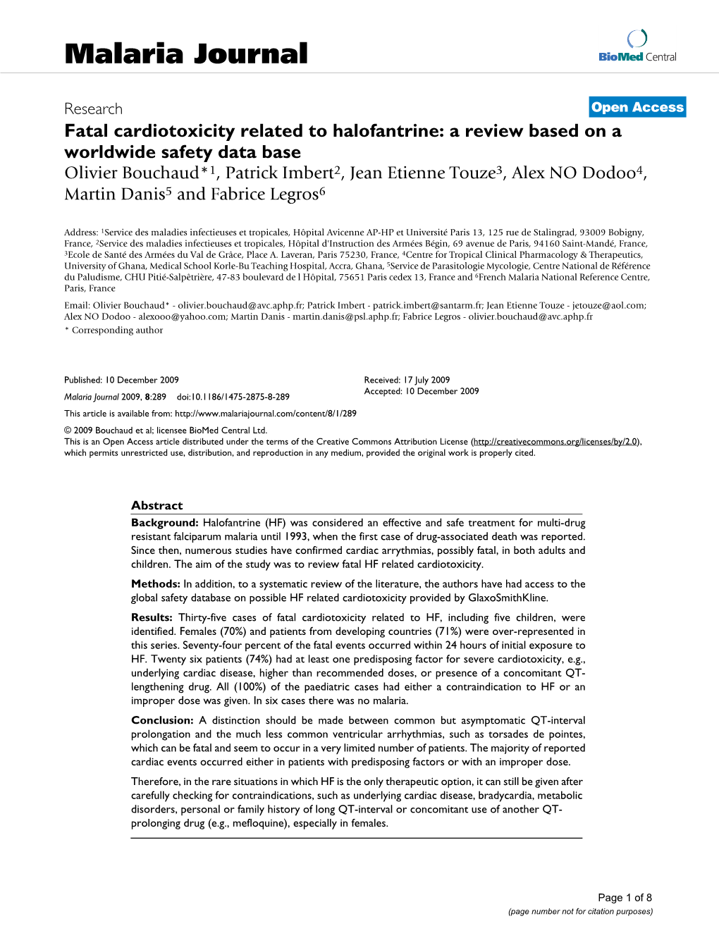 Fatal Cardiotoxicity Related to Halofantrine: a Review Based on A