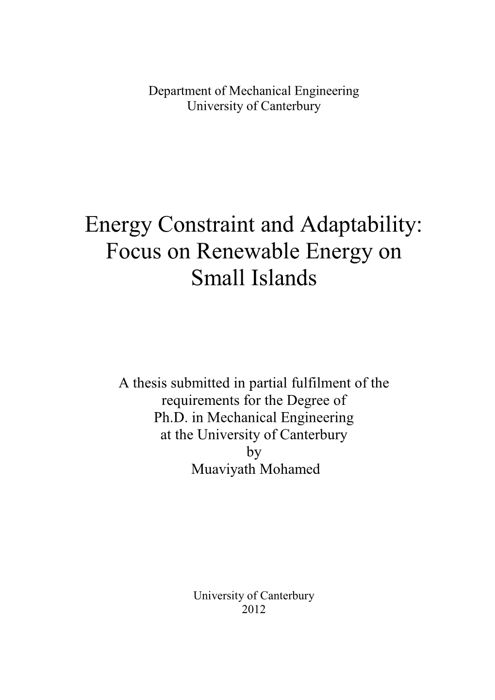 Energy Constraint and Adaptability: Focus on Renewable Energy on Small Islands