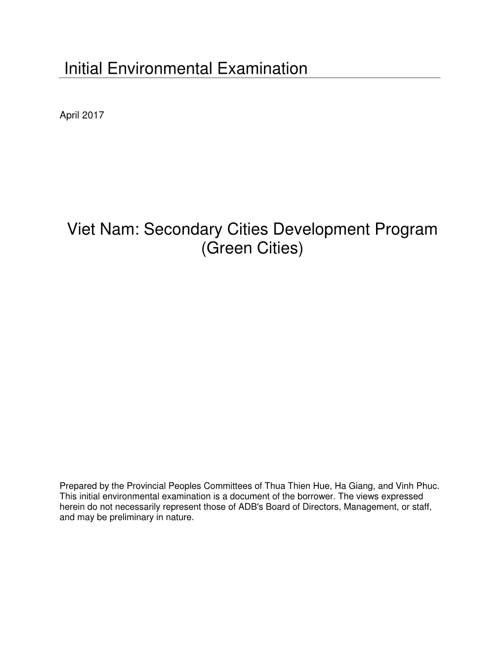 Initial Environmental Examination Viet Nam: Secondary Cities Development Program